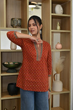 Rust Orange Ethnic Printed Cotton Short Kurti | V-Neck | 3/4 Sleeves |