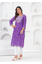 Women’s Purple Leheriya Printed Straight Kurti with Embroidery