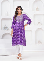 Women’s Purple Leheriya Printed Straight Kurti with Embroidery