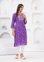 Women’s Purple Leheriya Printed Straight Kurti with Embroidery