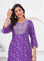 Women’s Purple Leheriya Printed Straight Kurti with Embroidery
