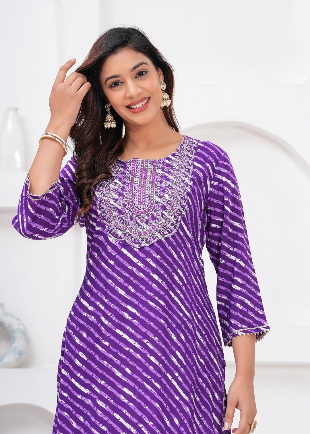 Women’s Purple Leheriya Printed Straight Kurti with Embroidery
