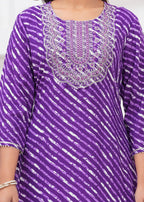 Women’s Purple Leheriya Printed Straight Kurti with Embroidery