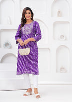 Women’s Purple Leheriya Printed Straight Kurti with Embroidery