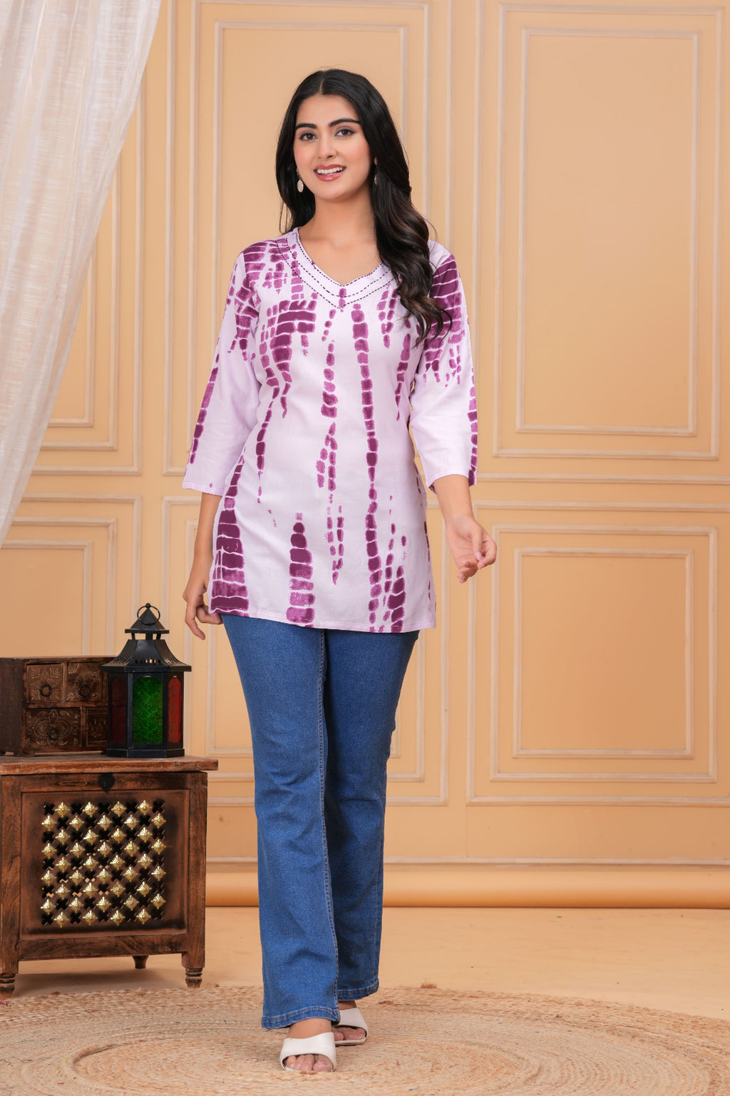 Women’s Purple Tie-Dye Printed Cotton Straight Kurti Top