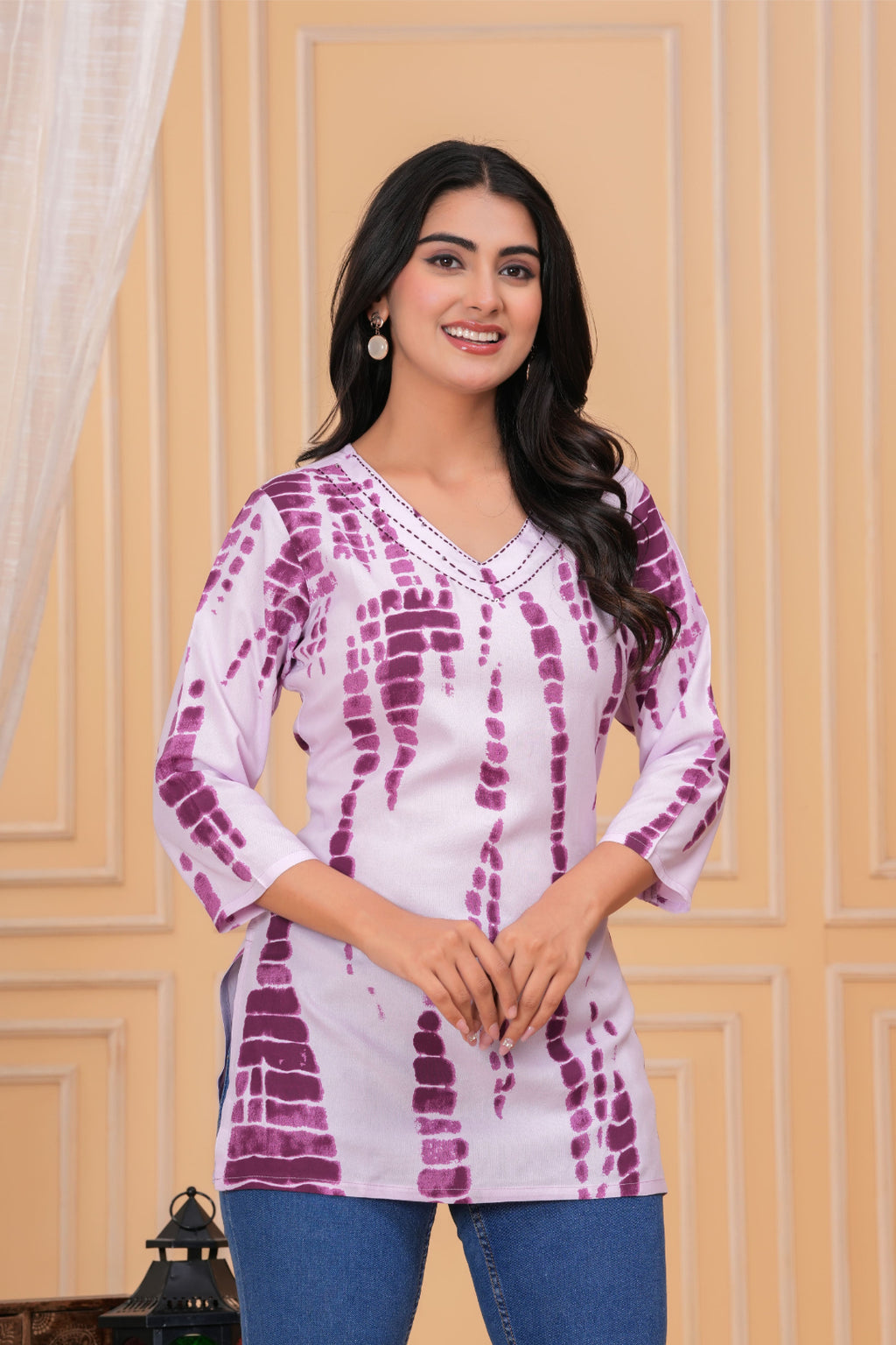 Women’s Purple Tie-Dye Printed Cotton Straight Kurti Top