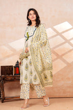 Ivory Floral Printed Cotton Kurta Pant Dupatta Set | Ethnic Suit Set