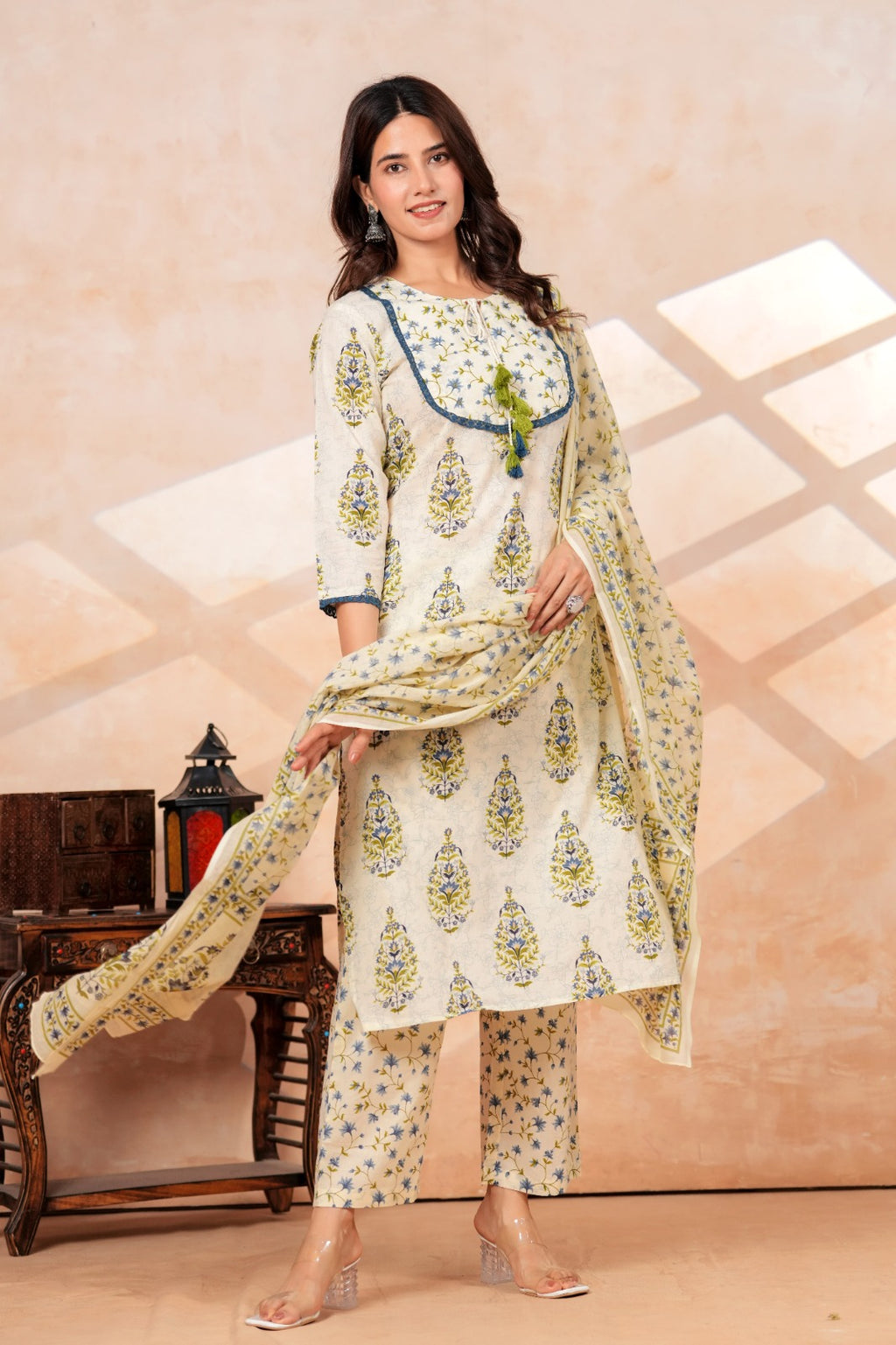 Ivory Floral Printed Cotton Kurta Pant Dupatta Set | Ethnic Suit Set