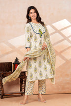 Ivory Floral Printed Cotton Kurta Pant Dupatta Set | Ethnic Suit Set