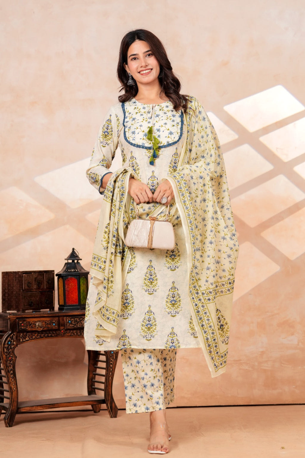 Ivory Floral Printed Cotton Kurta Pant Dupatta Set | Ethnic Suit Set