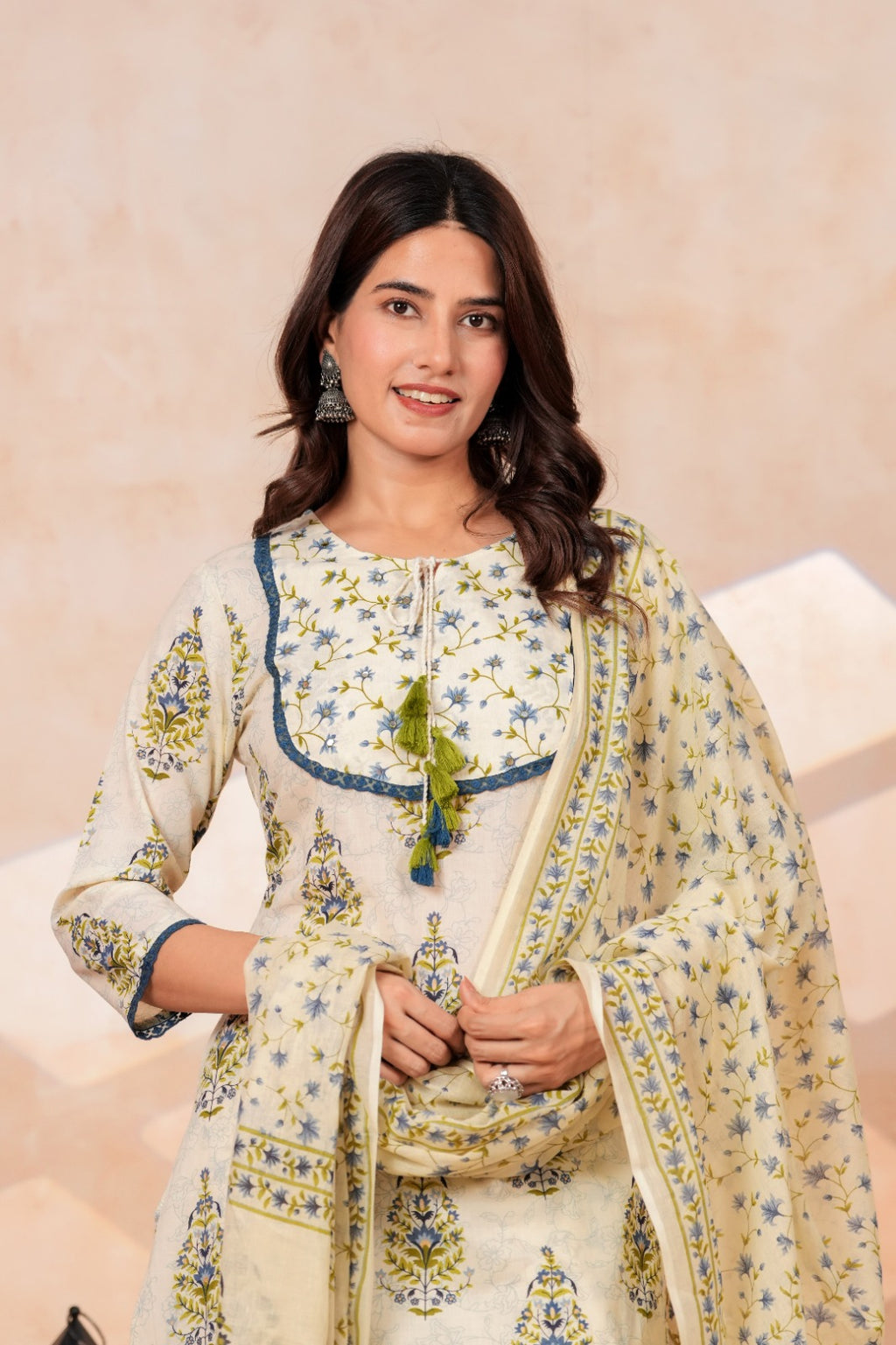 Ivory Floral Printed Cotton Kurta Pant Dupatta Set | Ethnic Suit Set