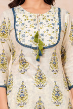 Ivory Floral Printed Cotton Kurta Pant Dupatta Set | Ethnic Suit Set