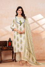 Ivory Floral Printed Cotton Kurta Pant Dupatta Set | Ethnic Suit Set