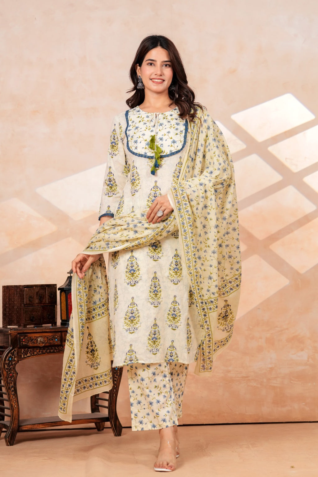 Ivory Floral Printed Cotton Kurta Pant Dupatta Set | Ethnic Suit Set