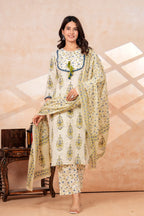 Ivory Floral Printed Cotton Kurta Pant Dupatta Set | Ethnic Suit Set