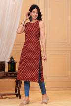 rust Printed Sleeveless Straight Cotton Kurti | Side Tie-Up | Knee Length