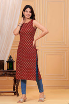 rust Printed Sleeveless Straight Cotton Kurti | Side Tie-Up | Knee Length