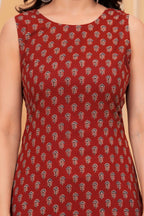 rust Printed Sleeveless Straight Cotton Kurti | Side Tie-Up | Knee Length