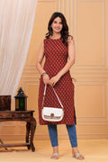 rust Printed Sleeveless Straight Cotton Kurti | Side Tie-Up | Knee Length
