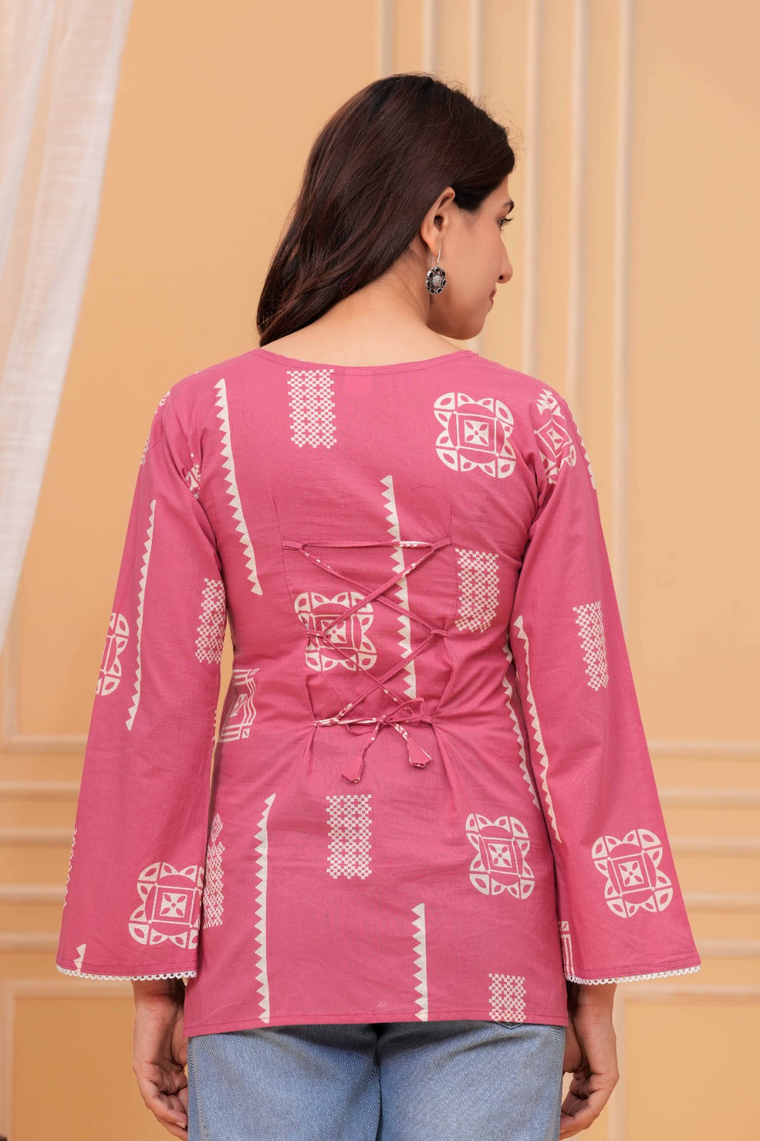 Pink Printed Straight Cotton Kurti | Square Neck | Full Bell Sleeves | Casual Ethnic Top