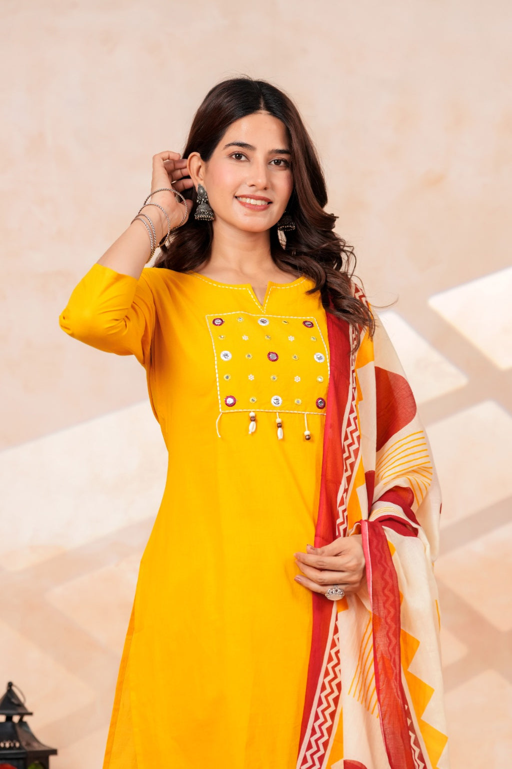 Mustard Yellow Kurta Pant Set with Printed Dupatta
