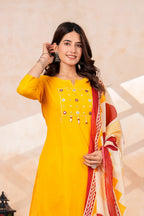 Mustard Yellow Kurta Pant Set with Printed Dupatta