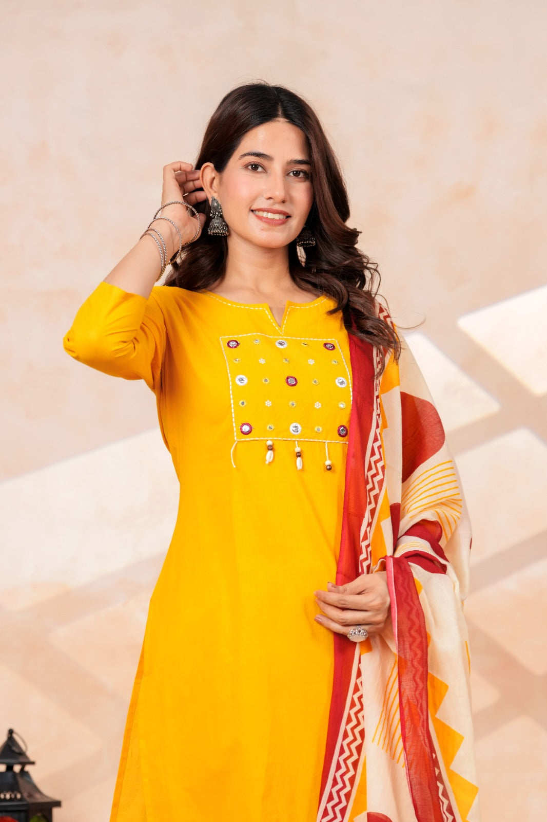 Mustard Yellow Kurta Pant Set with Printed Dupatta