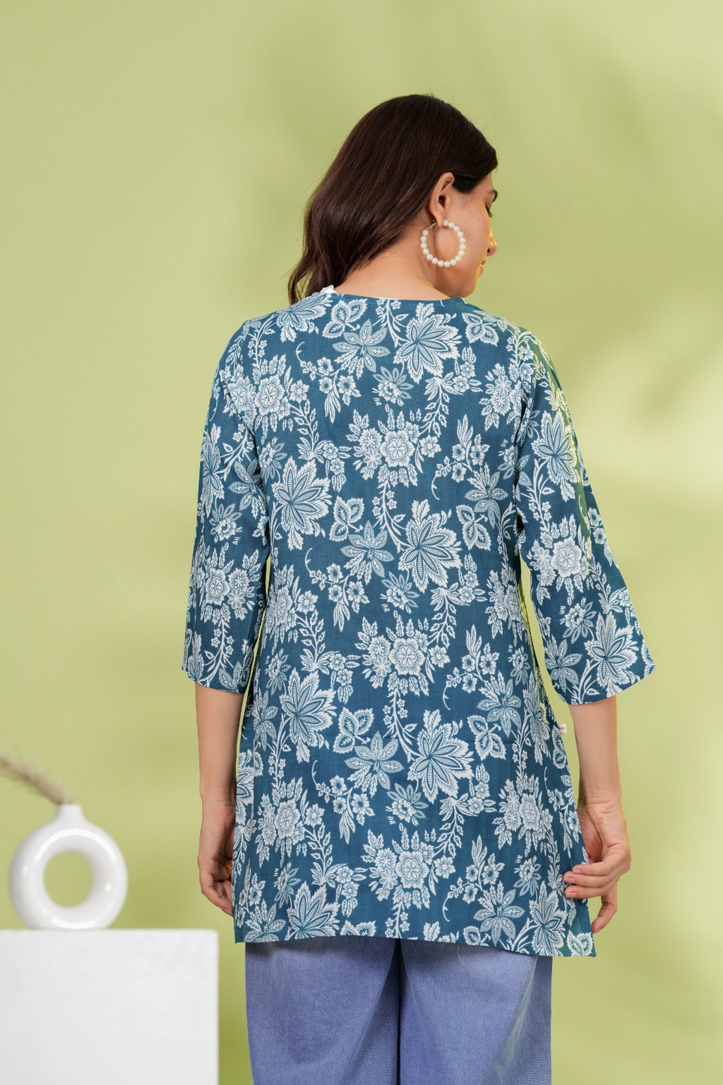 Blue Floral Printed Cotton Kurti Top | Round Neck