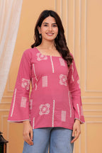Pink Printed Straight Cotton Kurti | Square Neck | Full Bell Sleeves | Casual Ethnic Top