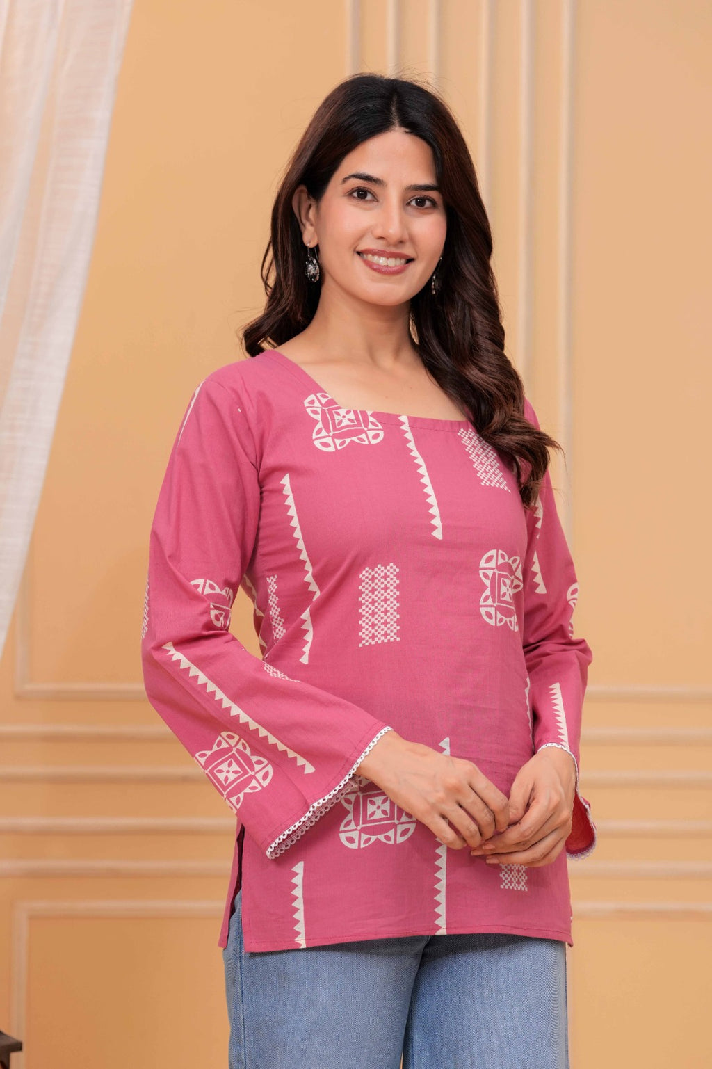 Pink Printed Straight Cotton Kurti | Square Neck | Full Bell Sleeves | Casual Ethnic Top