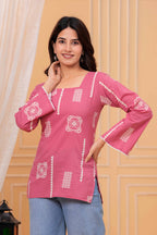 Pink Printed Straight Cotton Kurti | Square Neck | Full Bell Sleeves | Casual Ethnic Top