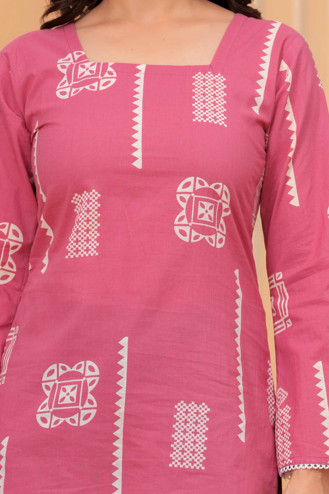 Pink Printed Straight Cotton Kurti | Square Neck | Full Bell Sleeves | Casual Ethnic Top