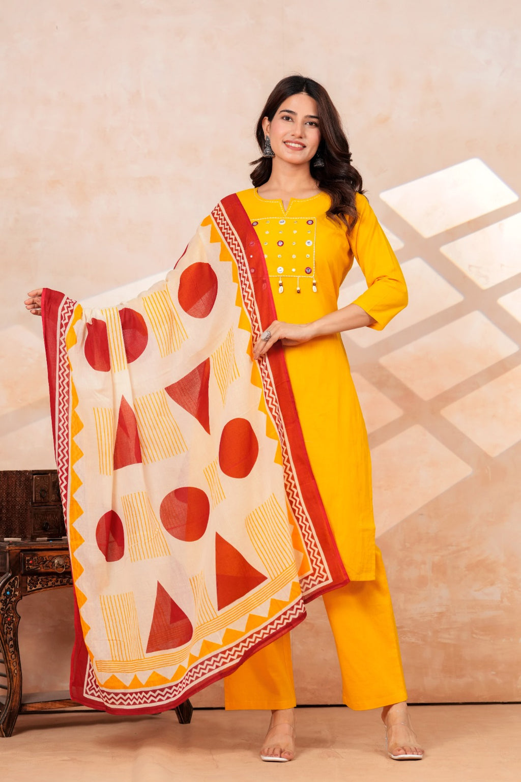 Mustard Yellow Kurta Pant Set with Printed Dupatta