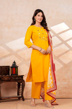 Mustard Yellow Kurta Pant Set with Printed Dupatta