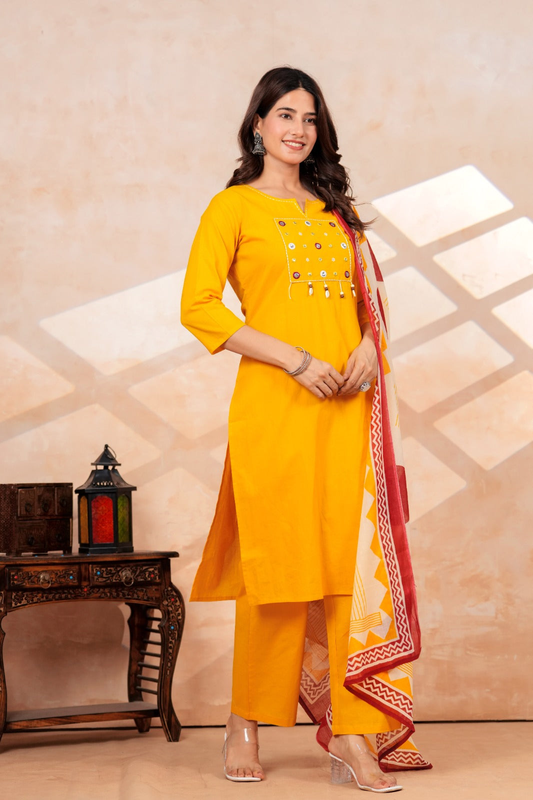 Mustard Yellow Kurta Pant Set with Printed Dupatta
