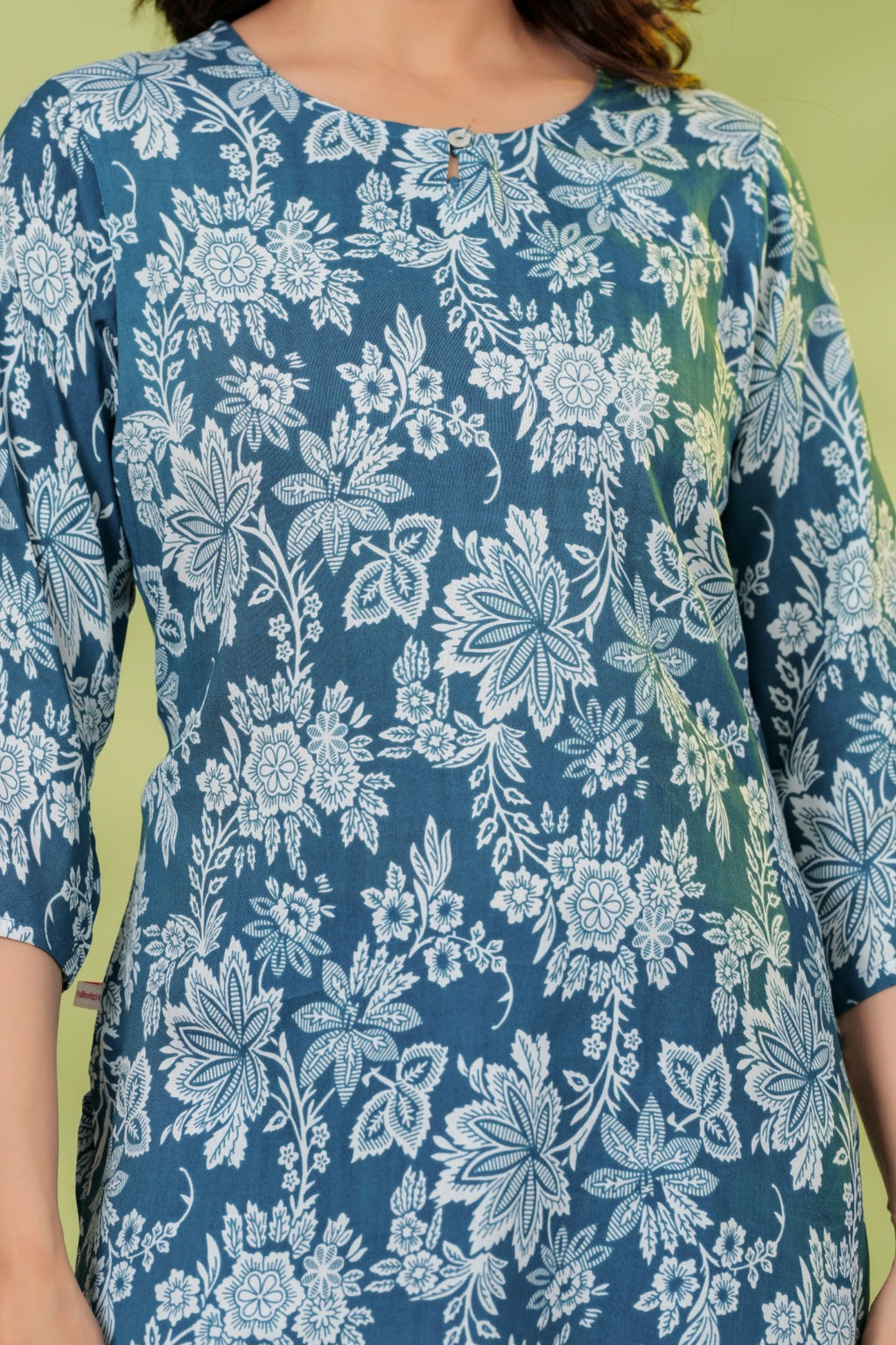 Blue Floral Printed Cotton Kurti Top | Round Neck