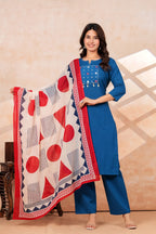 Royal Blue Kurta Pant Set with Printed Dupatta | Cotton