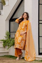 Mustard Printed Kurta Pant Set with Dupatta | Cotton Blend | 3-Piece Ethnic Suit Set