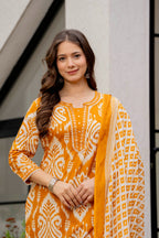 Mustard Printed Kurta Pant Set with Dupatta | Cotton Blend | 3-Piece Ethnic Suit Set