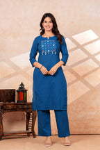 Royal Blue Kurta Pant Set with Printed Dupatta | Cotton