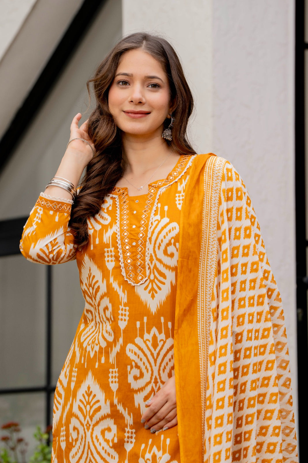 Mustard Printed Kurta Pant Set with Dupatta | Cotton Blend | 3-Piece Ethnic Suit Set