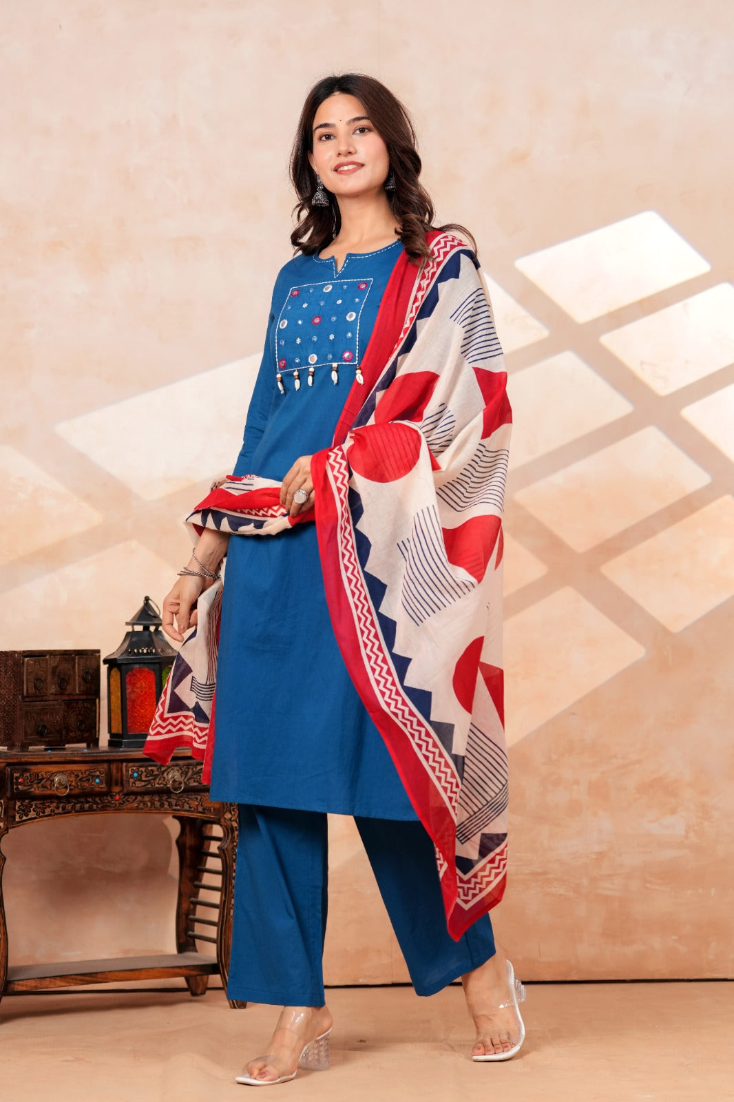 Royal Blue Kurta Pant Set with Printed Dupatta | Cotton