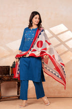 Royal Blue Kurta Pant Set with Printed Dupatta | Cotton