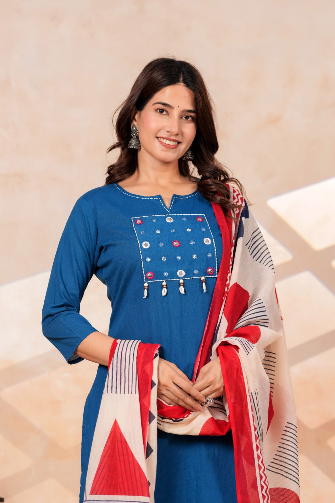 Royal Blue Kurta Pant Set with Printed Dupatta | Cotton