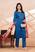 Royal Blue Kurta Pant Set with Printed Dupatta | Cotton