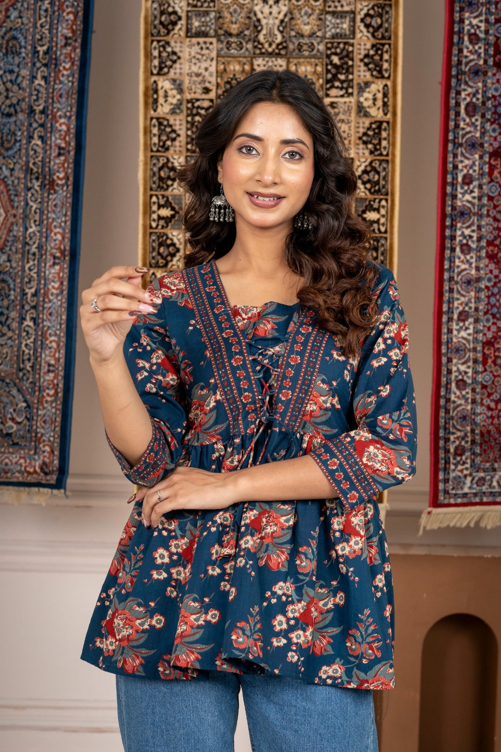 Blue Floral Print Tie-Up Peplum Top 3/4 Sleeves | Casual Cotton Top