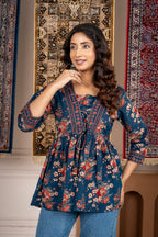 Blue Floral Print Tie-Up Peplum Top 3/4 Sleeves | Casual Cotton Top