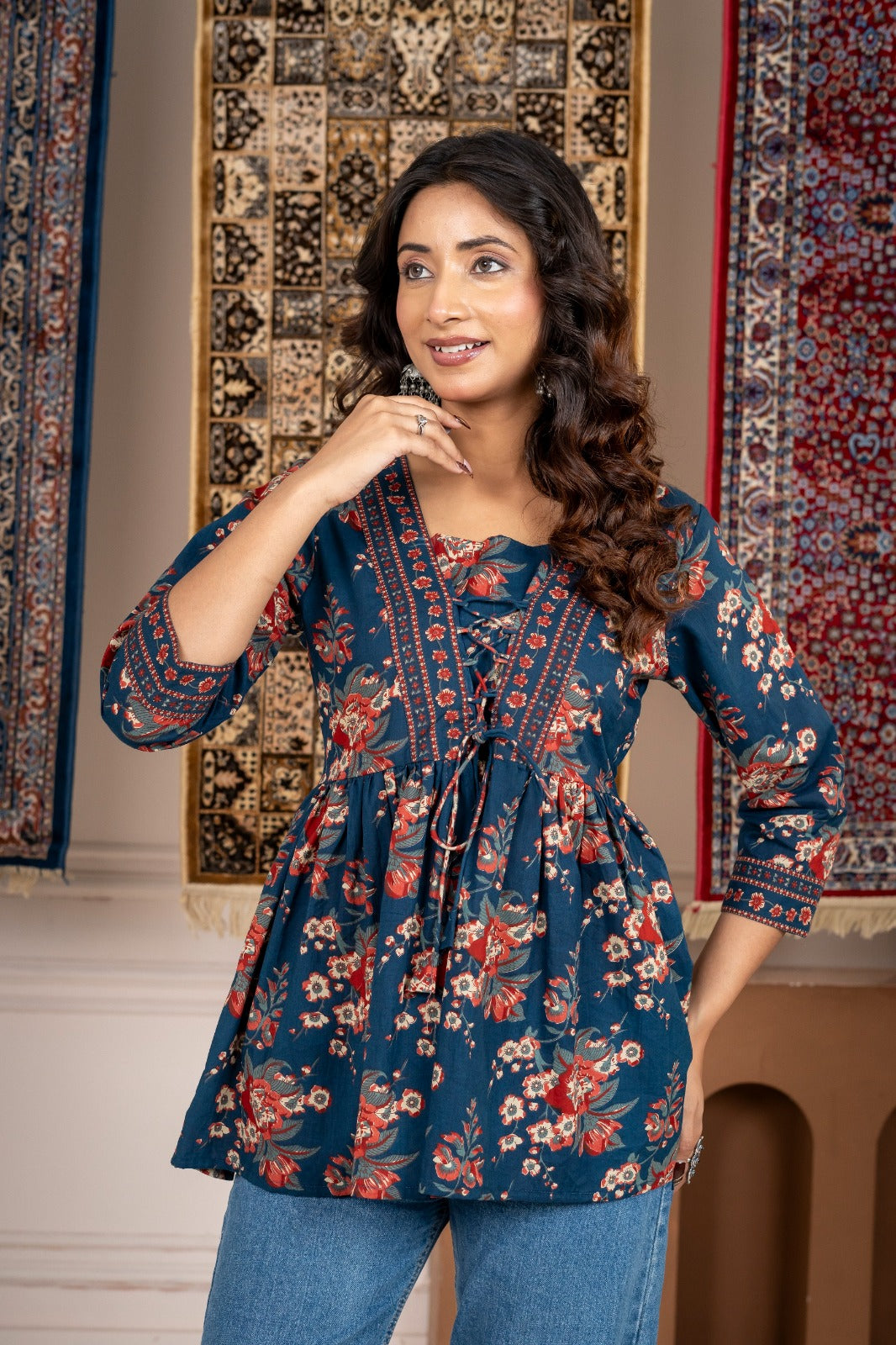 Blue Floral Print Tie-Up Peplum Top 3/4 Sleeves | Casual Cotton Top