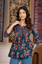 Blue Floral Print Tie-Up Peplum Top 3/4 Sleeves | Casual Cotton Top