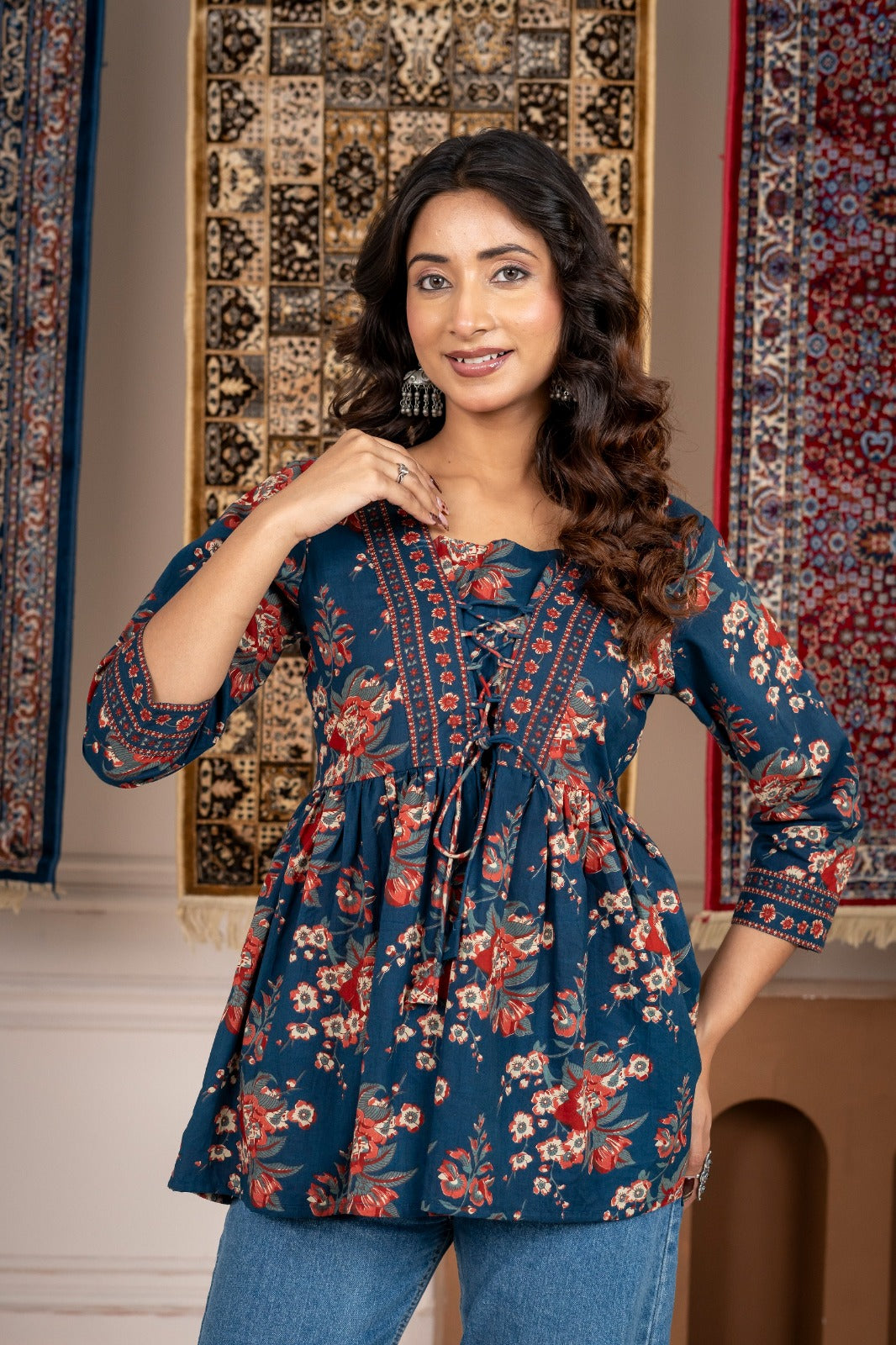 Blue Floral Print Tie-Up Peplum Top 3/4 Sleeves | Casual Cotton Top